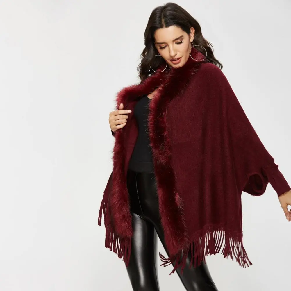 2025 Artificial Fur Collar Tassel Hem Shawl Cardigan Women Shawl British Style Cardigan Batwing Open Stitch Knitting Poncho