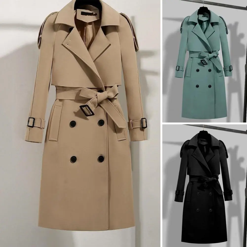 Autumn Winter Women Coat Ladies Belted Coat Elegant Solid Color Women's Winter Coat with Belted Turn-down Collar Dual Pocket
