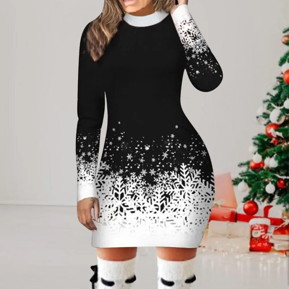Women Christmas Print Dress Snowflake Print Gradient Color Slim Fit Sheath Dress Thick Warm Long Sleeve Autumn Party Dress