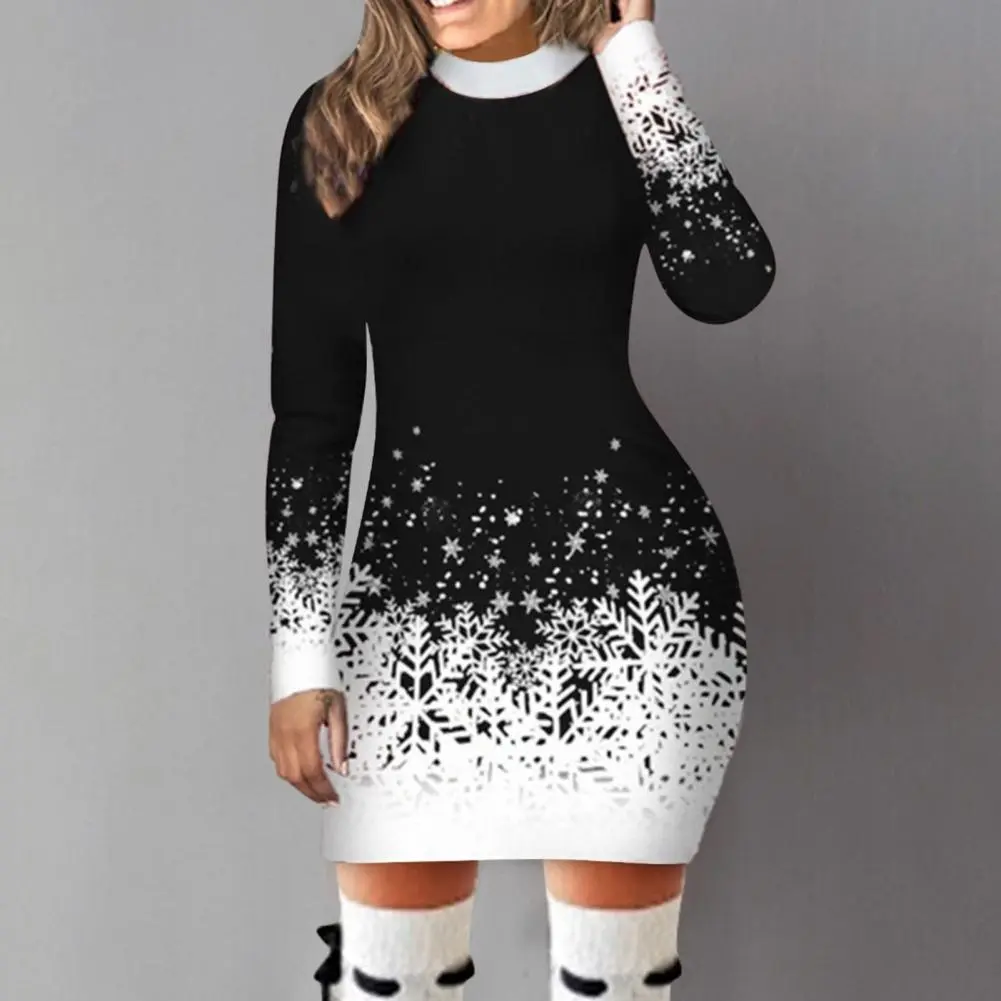 Women Christmas Print Dress Snowflake Print Gradient Color Slim Fit Sheath Dress Thick Warm Long Sleeve Autumn Party Dress