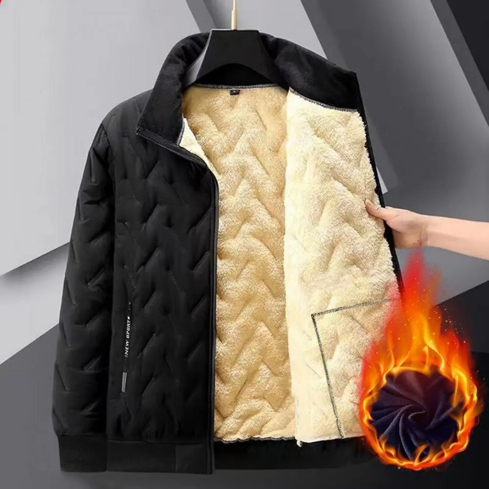 Solid Color Lapel Jacket Men Plush Lining Jacket Embossed Lines Lapel Jacket Zipper Pockets Elastic Hem Plush Winter Coat