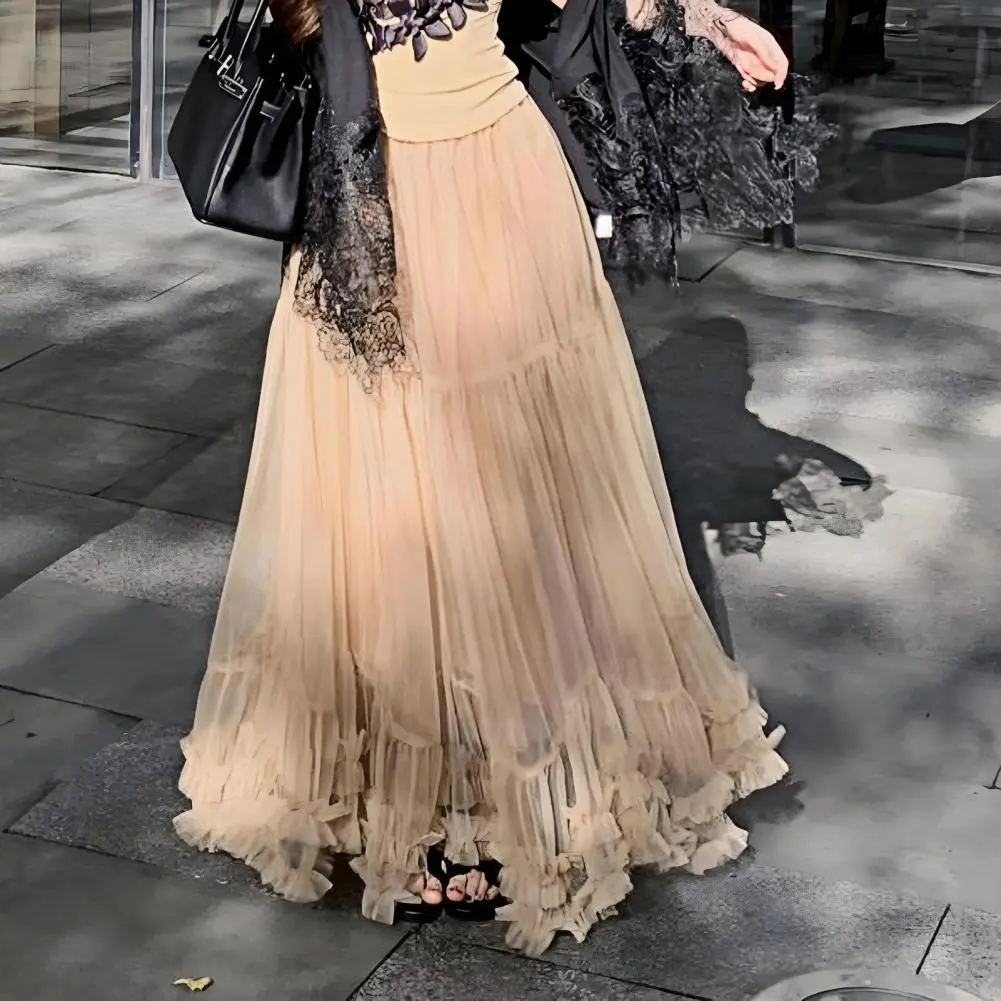 2025 High Waist Skirt Solid Color Skirt Elegant Mesh Yarn Midi Skirt High Elastic Waist Ruffles Trim A-line Princess Skirts
