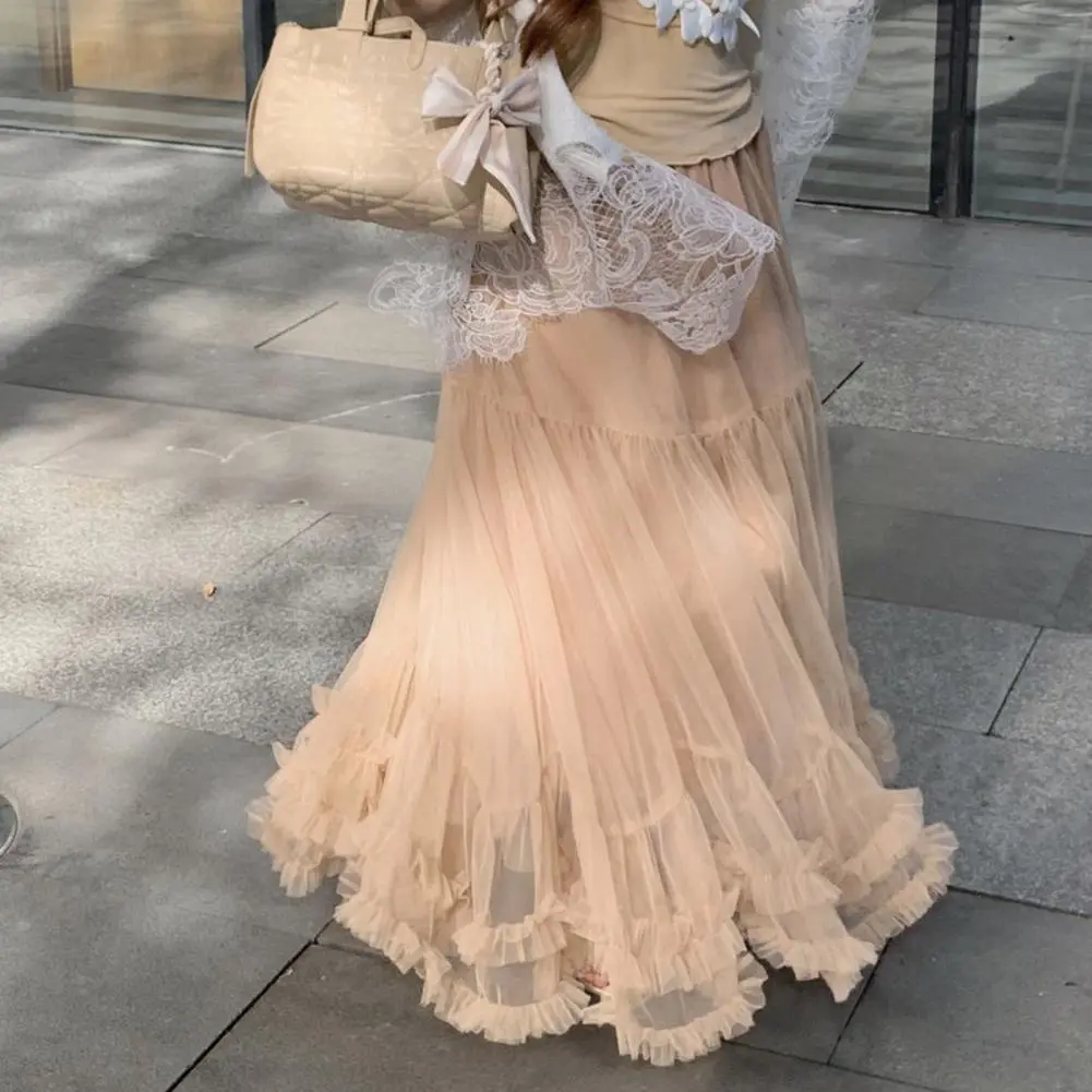 2025 High Waist Skirt Solid Color Skirt Elegant Mesh Yarn Midi Skirt High Elastic Waist Ruffles Trim A-line Princess Skirts