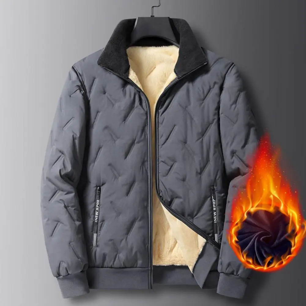 Solid Color Lapel Jacket Men Plush Lining Jacket Embossed Lines Lapel Jacket Zipper Pockets Elastic Hem Plush Winter Coat