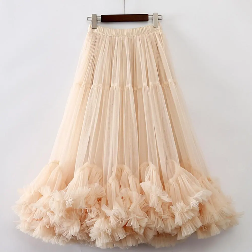 2025 High Waist Skirt Solid Color Skirt Elegant Mesh Yarn Midi Skirt High Elastic Waist Ruffles Trim A-line Princess Skirts