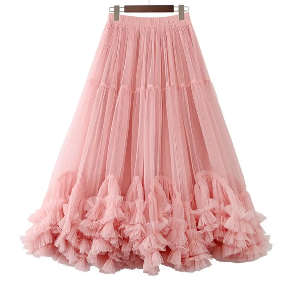 2025 High Waist Skirt Solid Color Skirt Elegant Mesh Yarn Midi Skirt High Elastic Waist Ruffles Trim A-line Princess Skirts