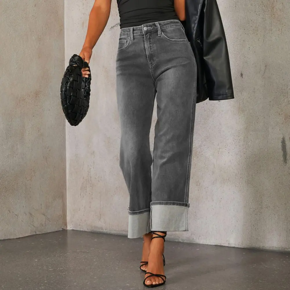 2025 New Women Baggy Jeans Retro High Waist Wide Leg Denim Pants Stretchy Cuffed Hem Straight Boyfriend Jeans With Pockets