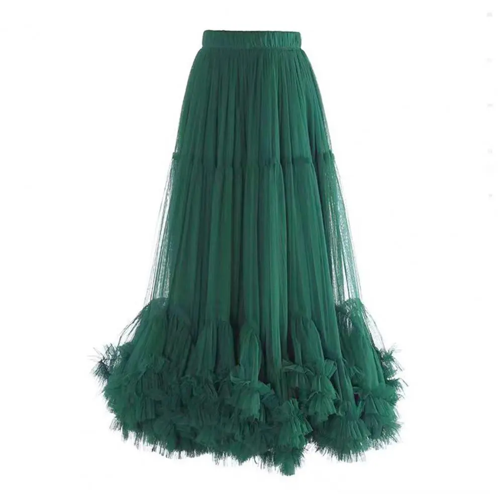 2025 High Waist Skirt Solid Color Skirt Elegant Mesh Yarn Midi Skirt High Elastic Waist Ruffles Trim A-line Princess Skirts