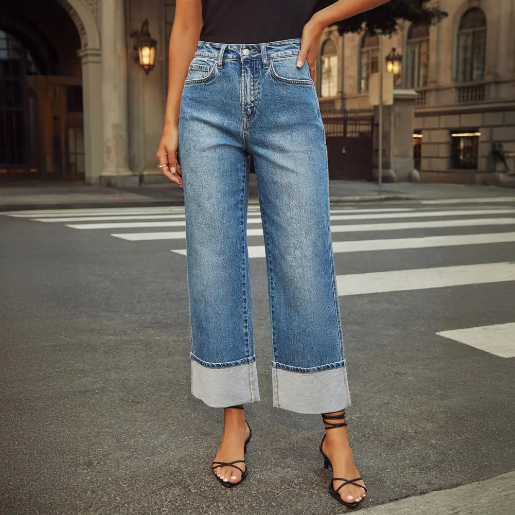 2025 New Women Baggy Jeans Retro High Waist Wide Leg Denim Pants Stretchy Cuffed Hem Straight Boyfriend Jeans With Pockets
