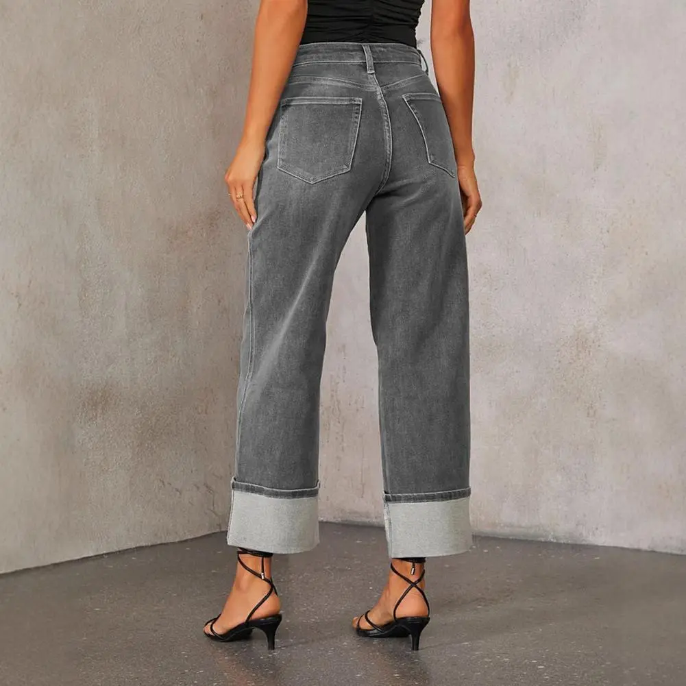 2025 New Women Baggy Jeans Retro High Waist Wide Leg Denim Pants Stretchy Cuffed Hem Straight Boyfriend Jeans With Pockets