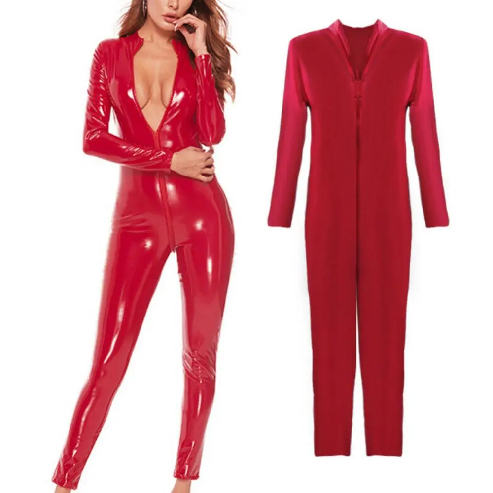 2025 Women Zipper Faux Leather Jumpsuit Bodysuit European And American Nightclubs Performance Uniform Tight Fitting Bodysuit