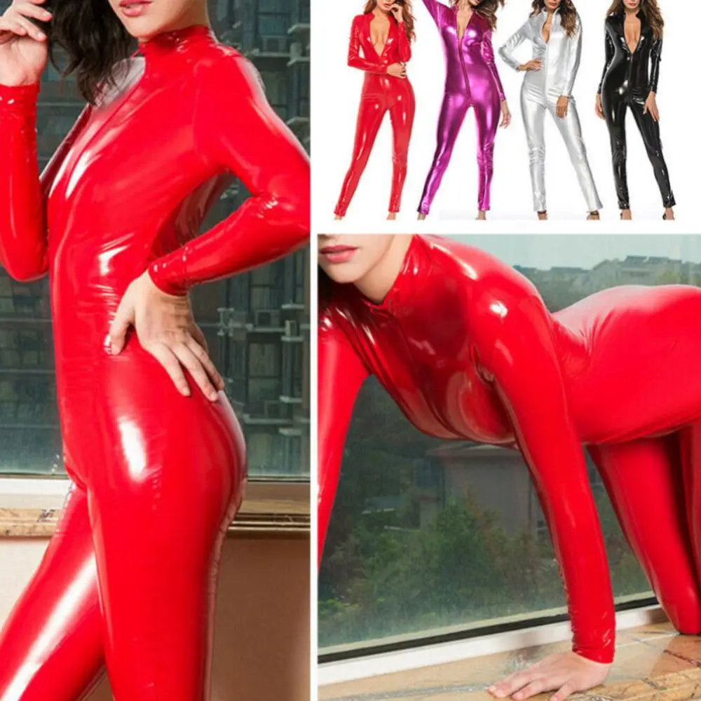 2025 Women Zipper Faux Leather Jumpsuit Bodysuit European And American Nightclubs Performance Uniform Tight Fitting Bodysuit