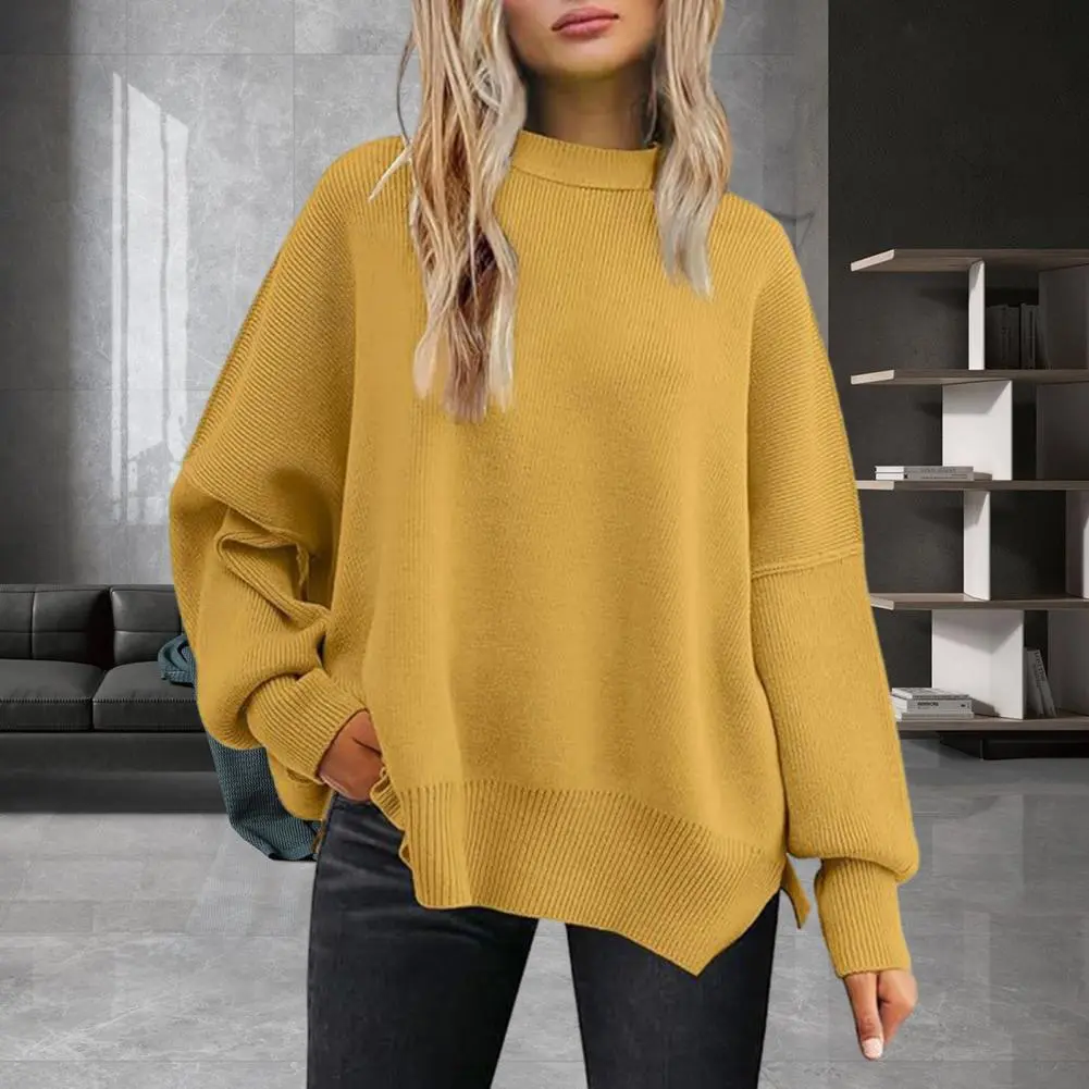 Loose Fit Sweater Women Batwing Sweater Cozy Women's Winter Sweater Soft Warm Stylish Pullover with Split Hem Batwing Sleeves