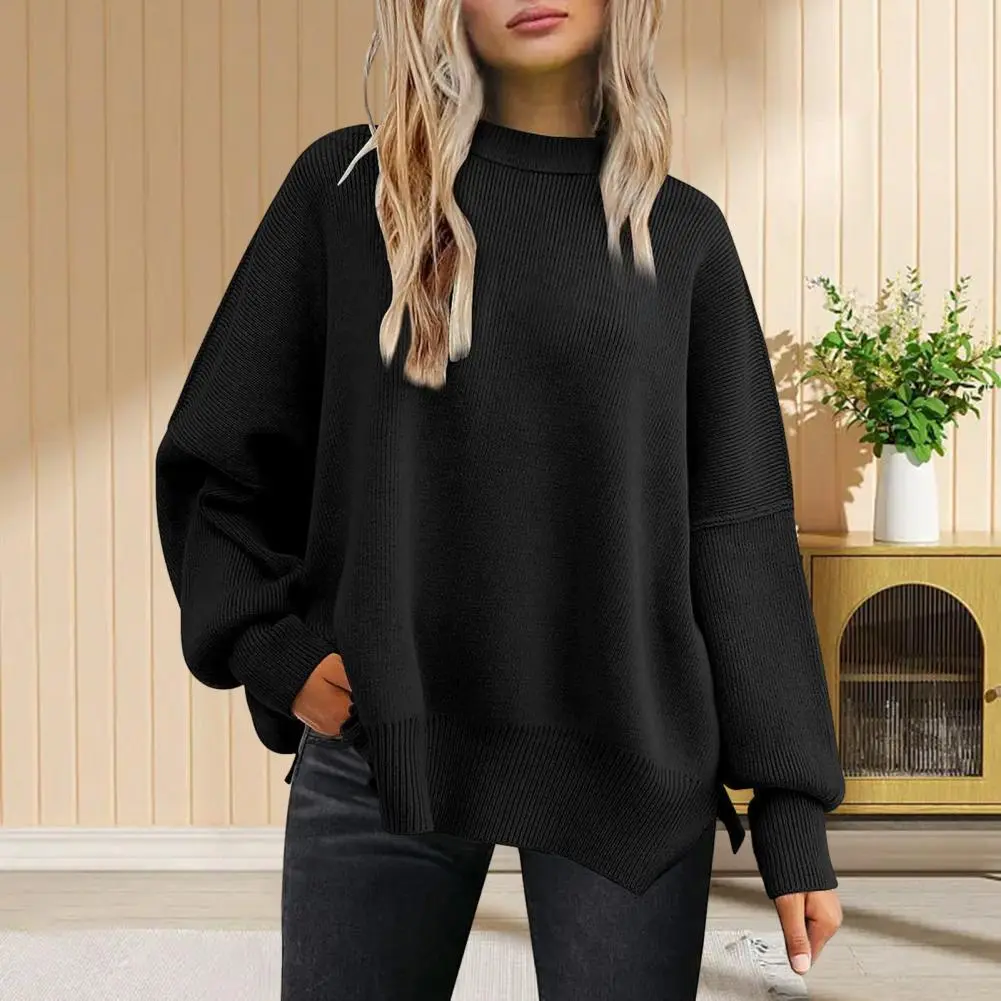 Loose Fit Sweater Women Batwing Sweater Cozy Women's Winter Sweater Soft Warm Stylish Pullover with Split Hem Batwing Sleeves
