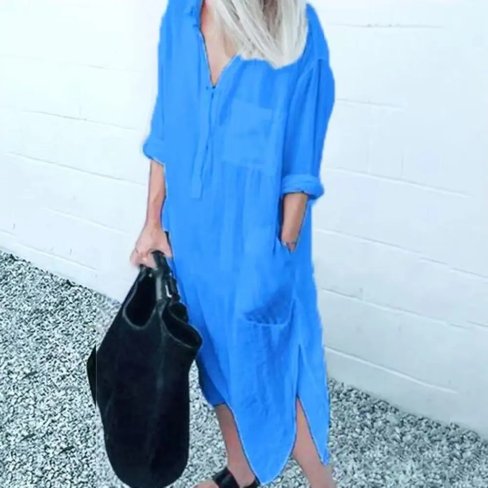 Shirt Dress Solid Color 2025 Side Split Spring Summer Temperament Midi Dress Loose-fitting Long Office Commute Dress Sundress