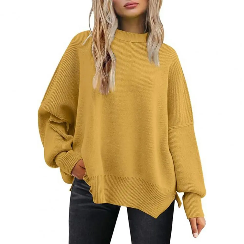 Loose Fit Sweater Women Batwing Sweater Cozy Women's Winter Sweater Soft Warm Stylish Pullover with Split Hem Batwing Sleeves