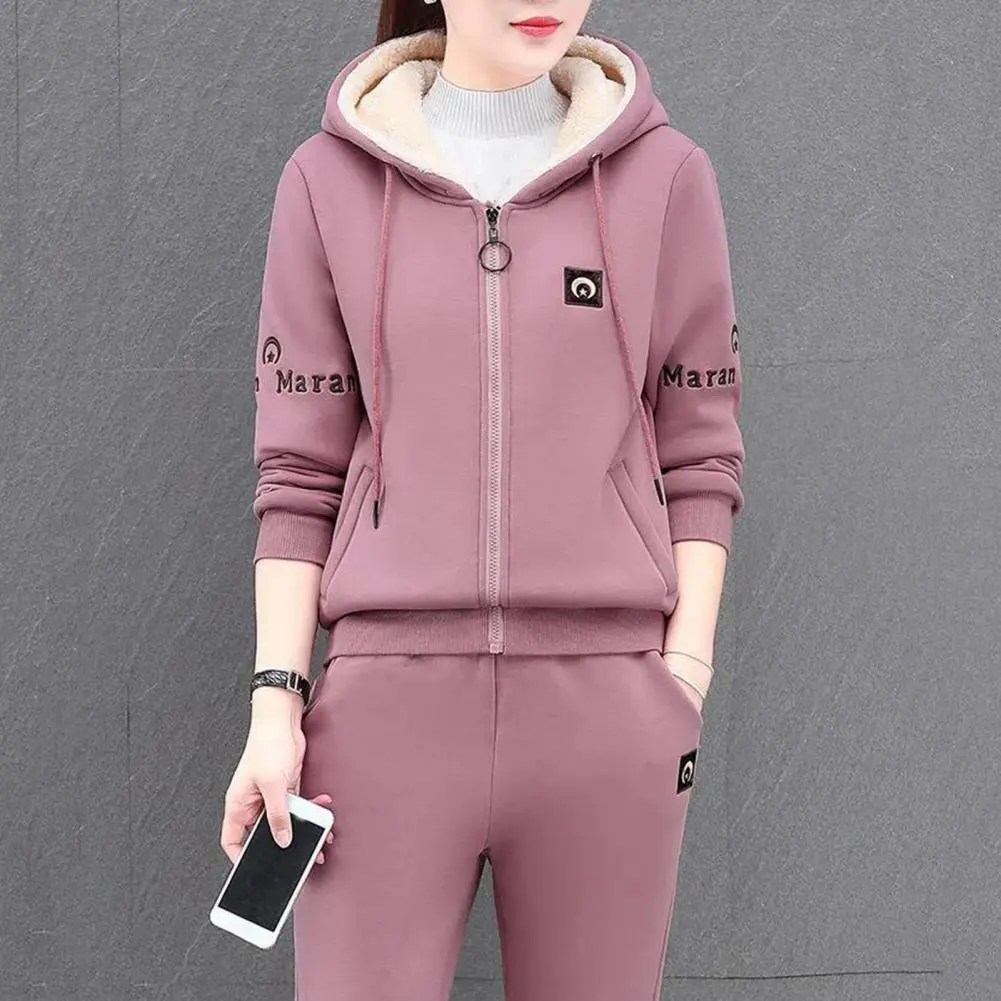 Fleece Warm Casual Sports Hooded Sweatshirt Set Letter Print Thermal Women Suit Plush Hoodie Sweatpants Winter Sports Suit