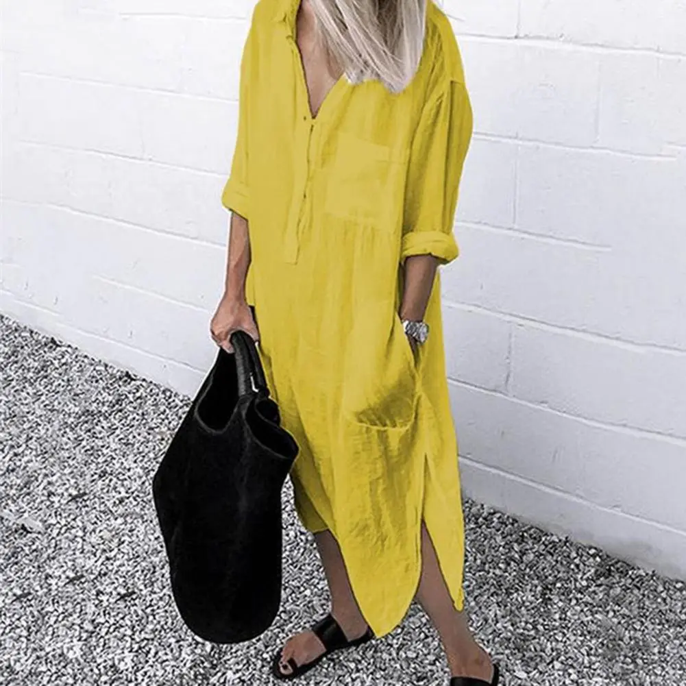 Shirt Dress Solid Color 2025 Side Split Spring Summer Temperament Midi Dress Loose-fitting Long Office Commute Dress Sundress