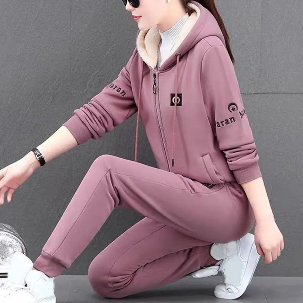 Fleece Warm Casual Sports Hooded Sweatshirt Set Letter Print Thermal Women Suit Plush Hoodie Sweatpants Winter Sports Suit