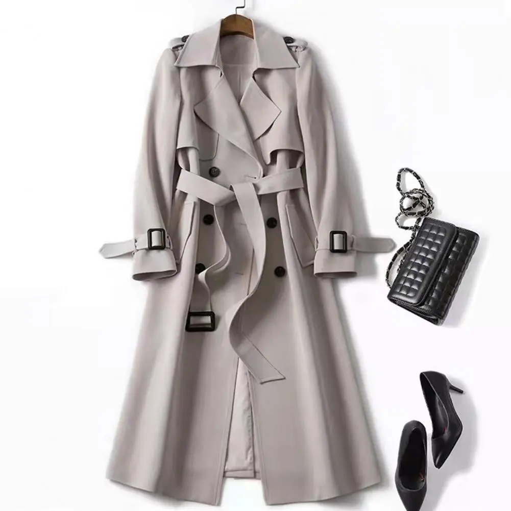Double-breasted Women Woolen Coat 2024 Autumn Long Long Windbreaker Turn-down Collar Belt Mid Length Women Overcoat Lady Jacket