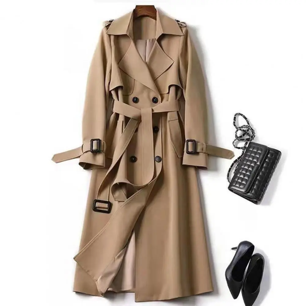 Double-breasted Women Woolen Coat 2024 Autumn Long Long Windbreaker Turn-down Collar Belt Mid Length Women Overcoat Lady Jacket