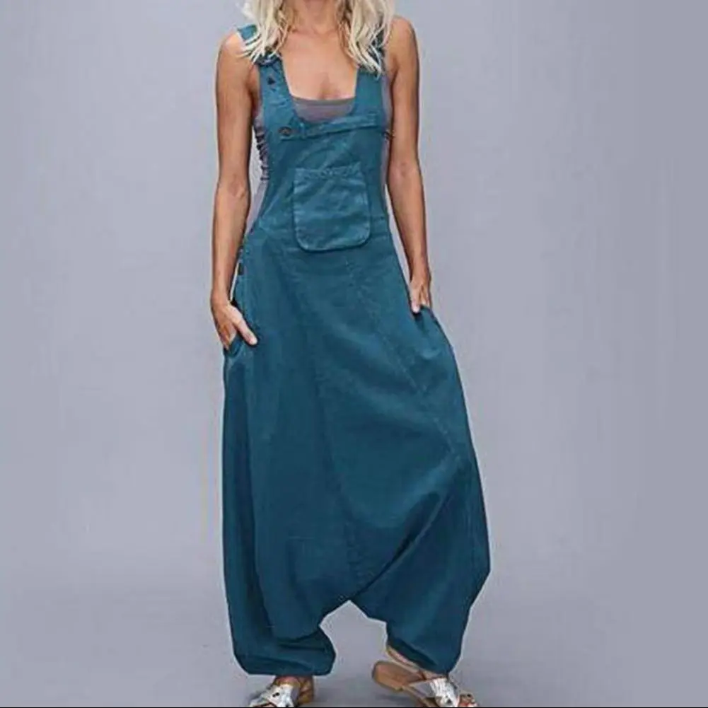 2025 Women Jumpsuit Solid Color Buttons Deep U Neck Individual Women Romper Wide Leg Super Deep Crotch Women Romper Baggy Pants