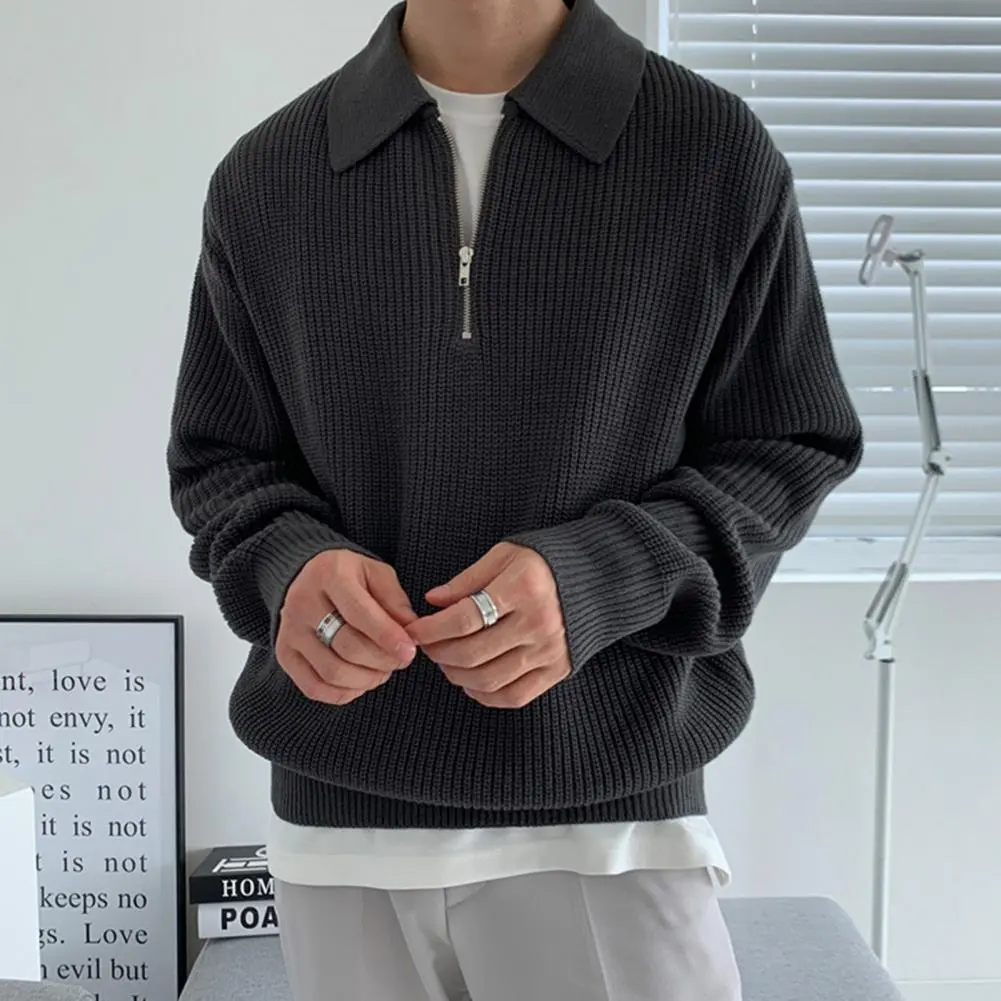2025 Men Winter Sweater Zipper Solid Color Long Sleeves Pullover Turn-down Collar Keep Warm Casual Autumn Sweater Male Clothes