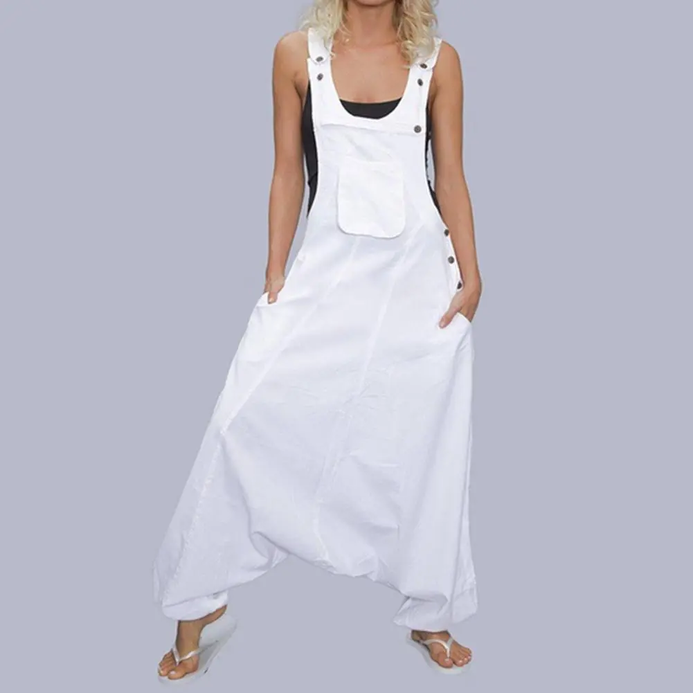 2025 Women Jumpsuit Solid Color Buttons Deep U Neck Individual Women Romper Wide Leg Super Deep Crotch Women Romper Baggy Pants