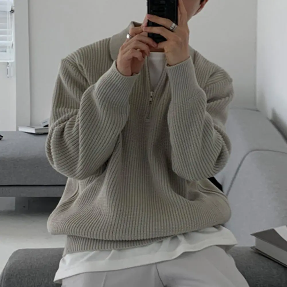 2025 Men Winter Sweater Zipper Solid Color Long Sleeves Pullover Turn-down Collar Keep Warm Casual Autumn Sweater Male Clothes