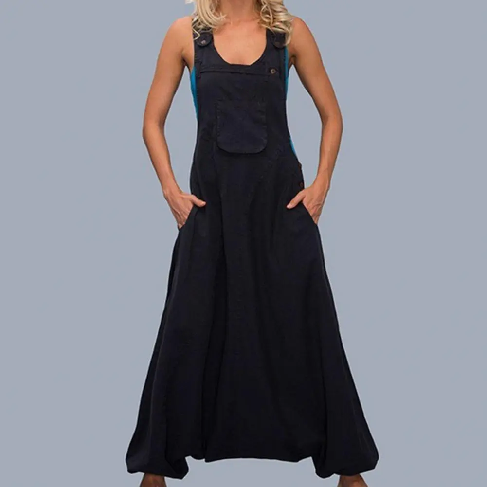 2025 Women Jumpsuit Solid Color Buttons Deep U Neck Individual Women Romper Wide Leg Super Deep Crotch Women Romper Baggy Pants