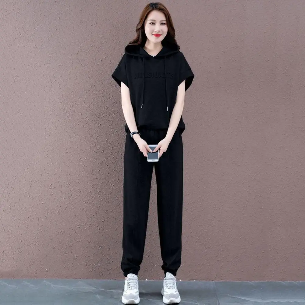 Women Hoodie Pants Set 2025 Casual Elastic Waist Solid Color Drawstring Hooded Sports Loose Pockets Plus Size Top Trousers Suit