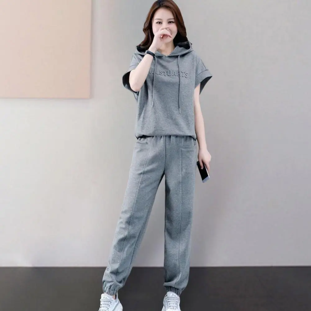 Women Hoodie Pants Set 2025 Casual Elastic Waist Solid Color Drawstring Hooded Sports Loose Pockets Plus Size Top Trousers Suit