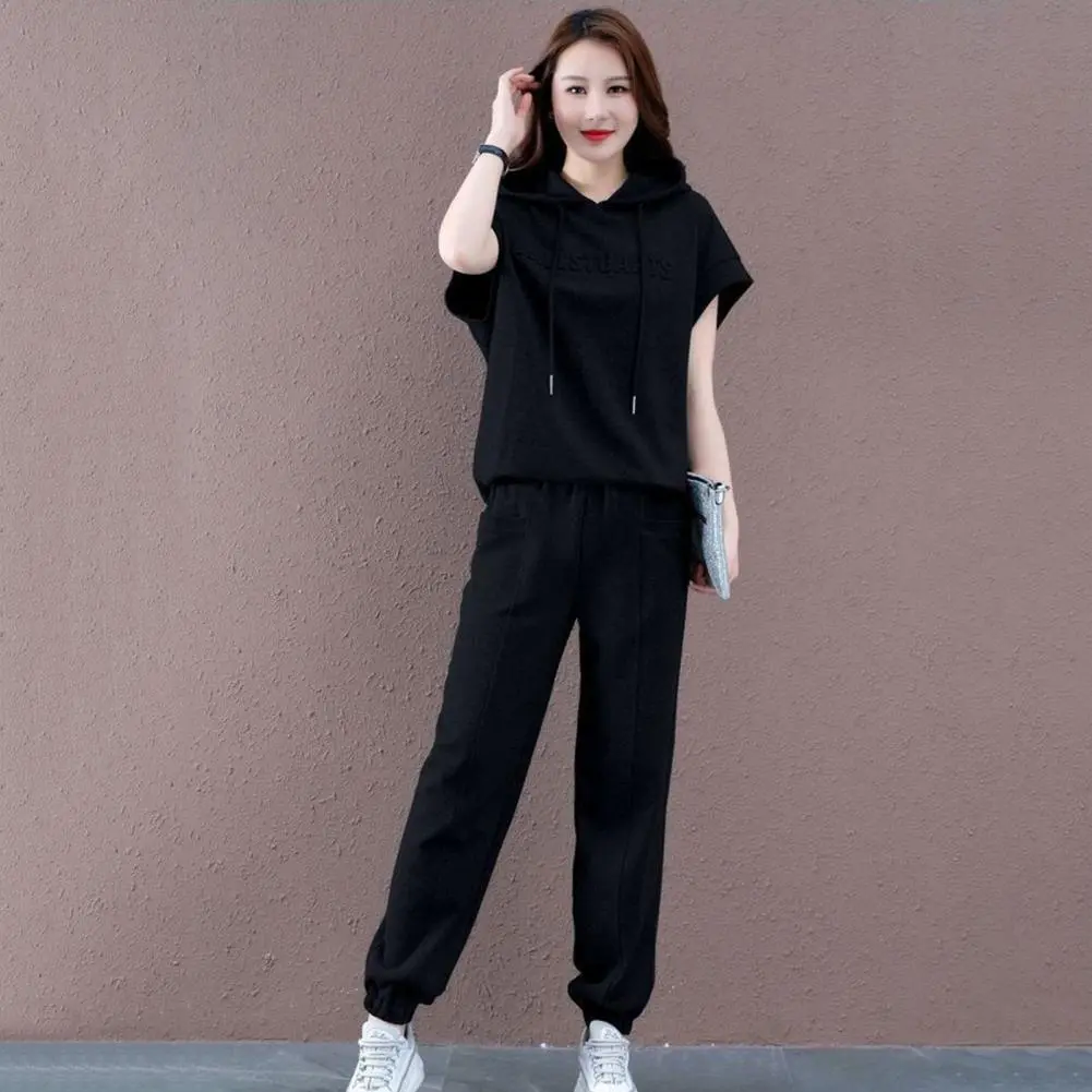 Women Hoodie Pants Set 2025 Casual Elastic Waist Solid Color Drawstring Hooded Sports Loose Pockets Plus Size Top Trousers Suit