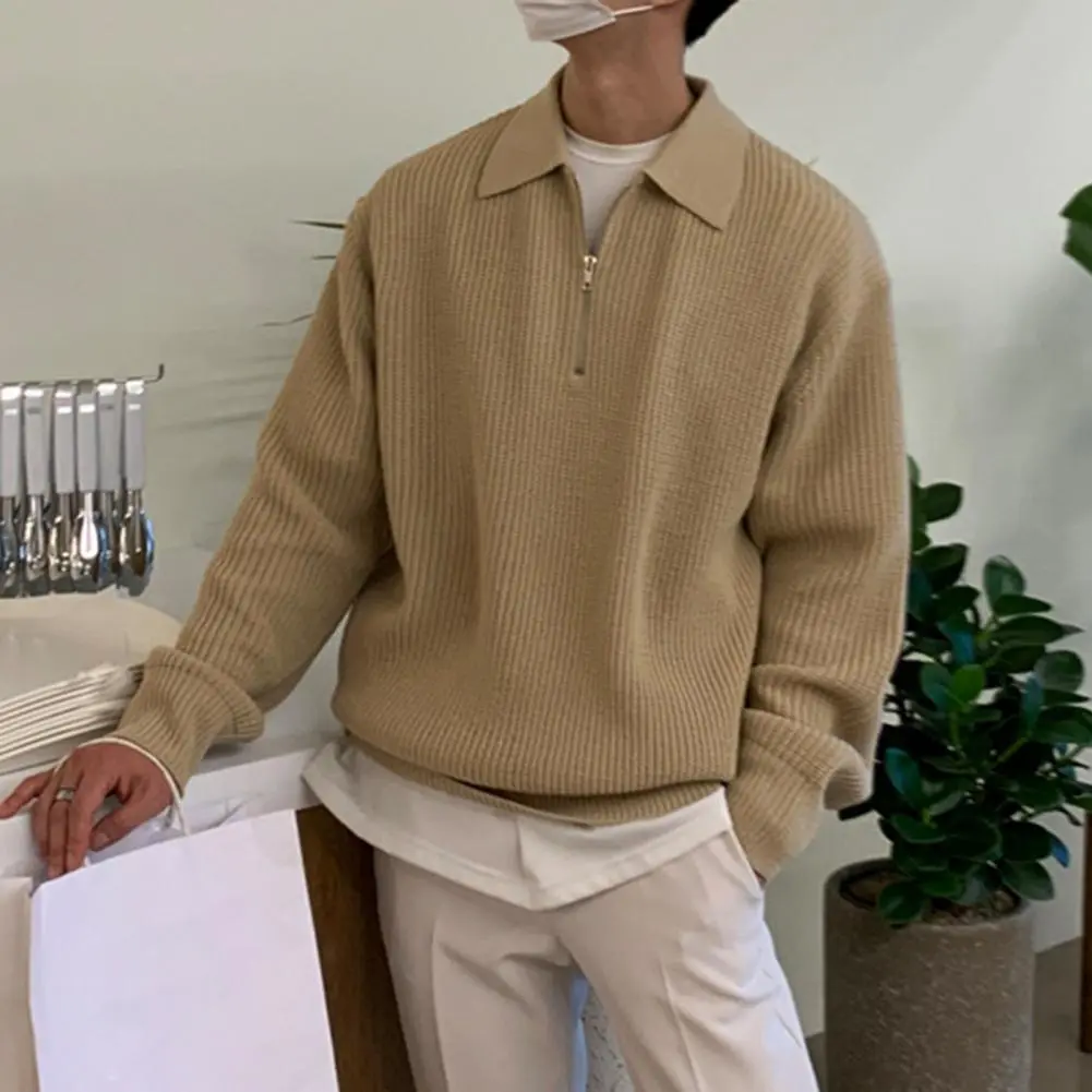 2025 Men Winter Sweater Zipper Solid Color Long Sleeves Pullover Turn-down Collar Keep Warm Casual Autumn Sweater Male Clothes