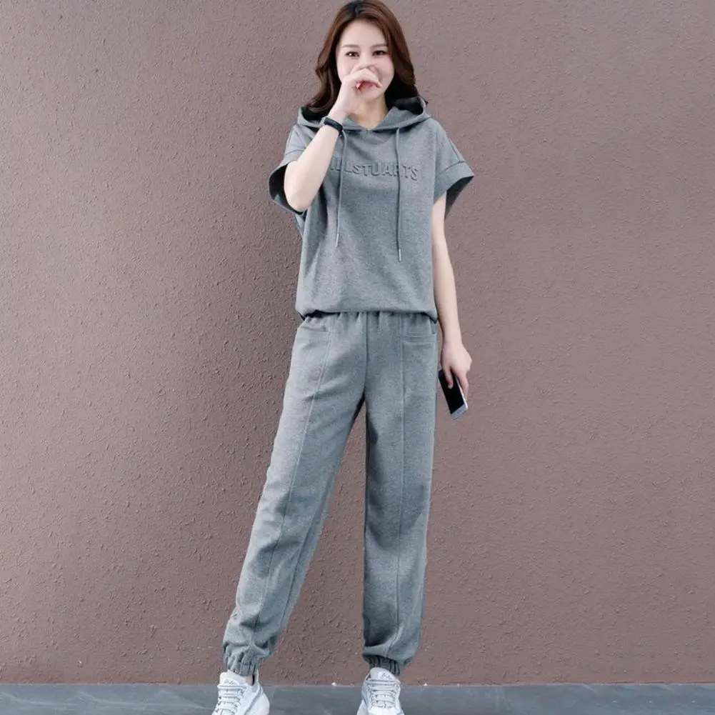 Women Hoodie Pants Set 2025 Casual Elastic Waist Solid Color Drawstring Hooded Sports Loose Pockets Plus Size Top Trousers Suit