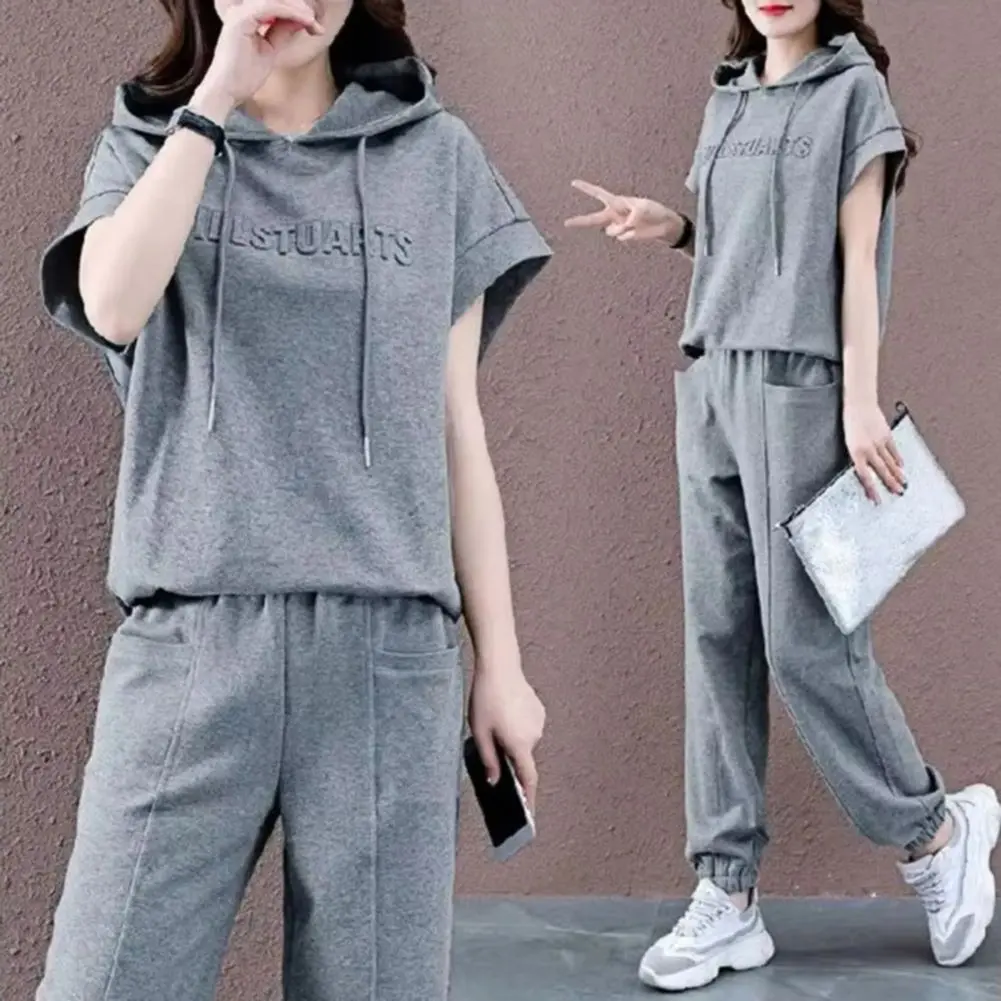 Women Hoodie Pants Set 2025 Casual Elastic Waist Solid Color Drawstring Hooded Sports Loose Pockets Plus Size Top Trousers Suit