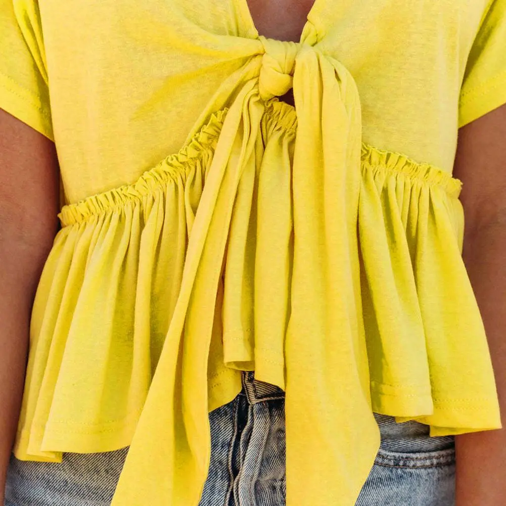 2025 Women Strappy Ruffle Top Summer V-Neck Short Sleeve Knot Design Ruffle Blouse Solid Color Casual T-shirt Short Sleeve Tops