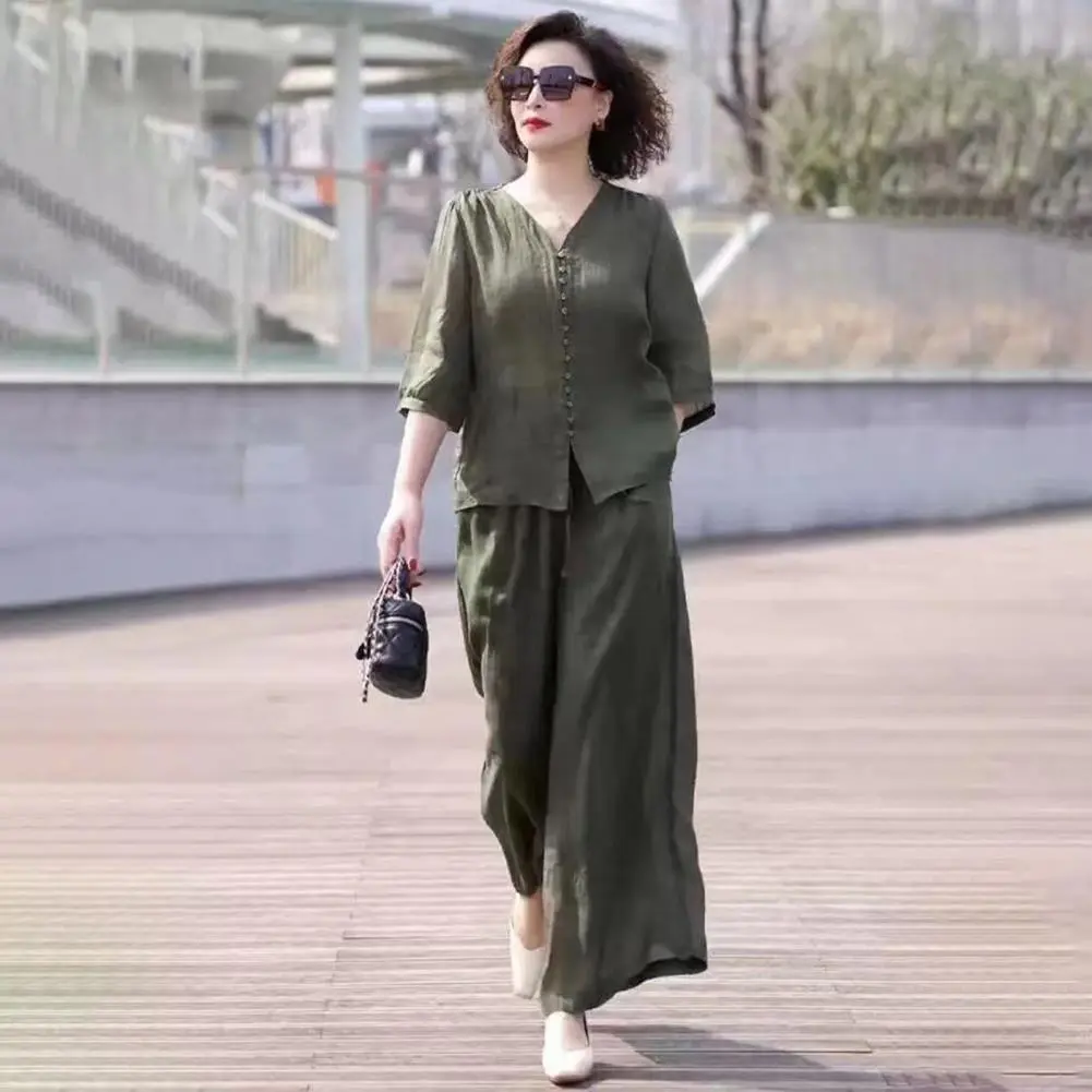 Casual 2 Piece Outfit for Women 3/4 Sleeve Button Down Shirt Wide Leg Pants Set Summer Lounge Streetwear Stylish Women Suit