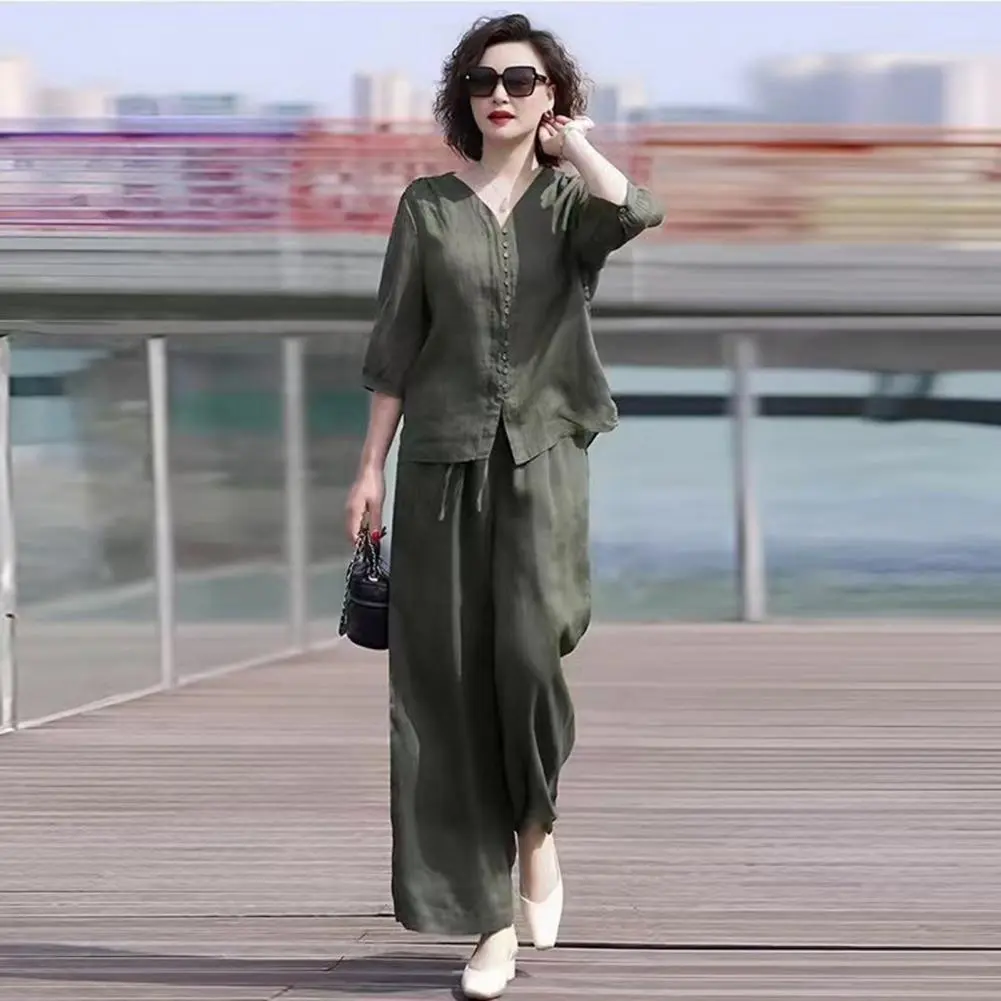 Casual 2 Piece Outfit for Women 3/4 Sleeve Button Down Shirt Wide Leg Pants Set Summer Lounge Streetwear Stylish Women Suit