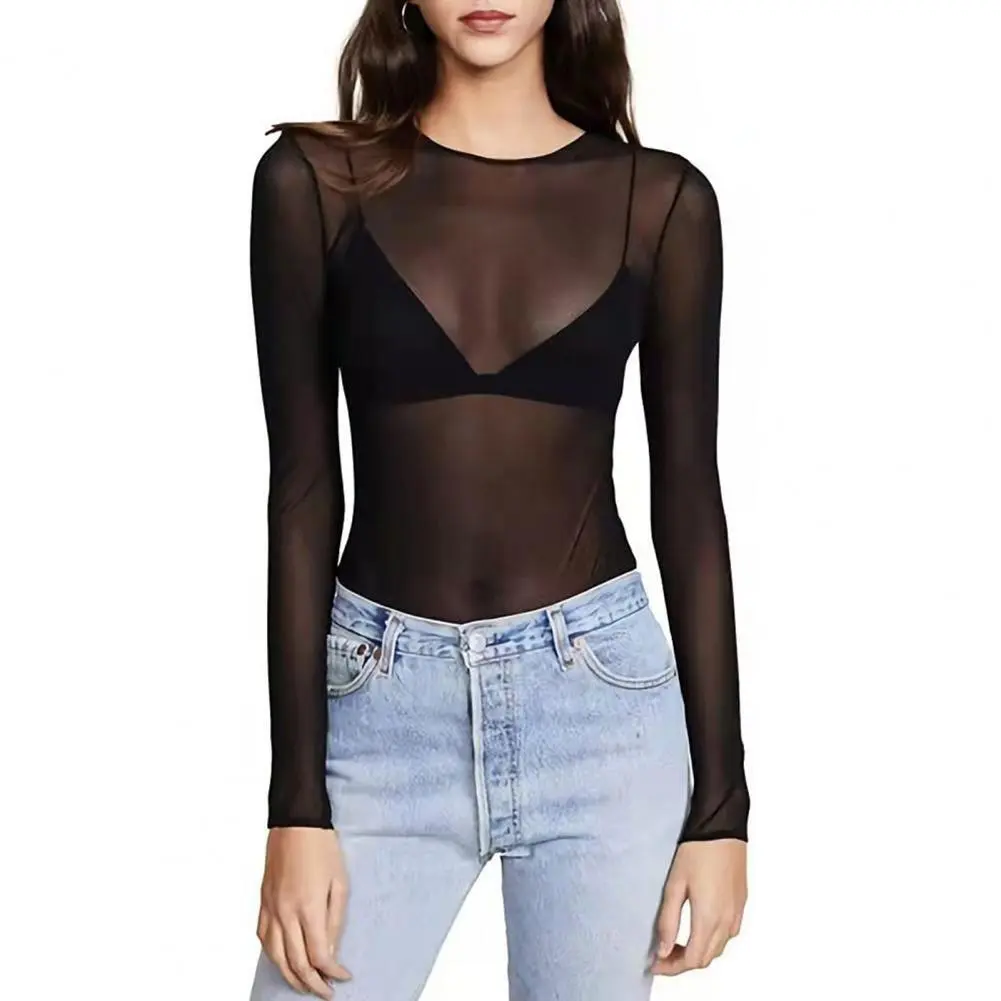 Sexy Skinny See-through Mesh T-shirt O-Neck Long Sleeve Transparent Punk Club Tee Shirt Regular Fit Fishnet Mesh Women Blouse