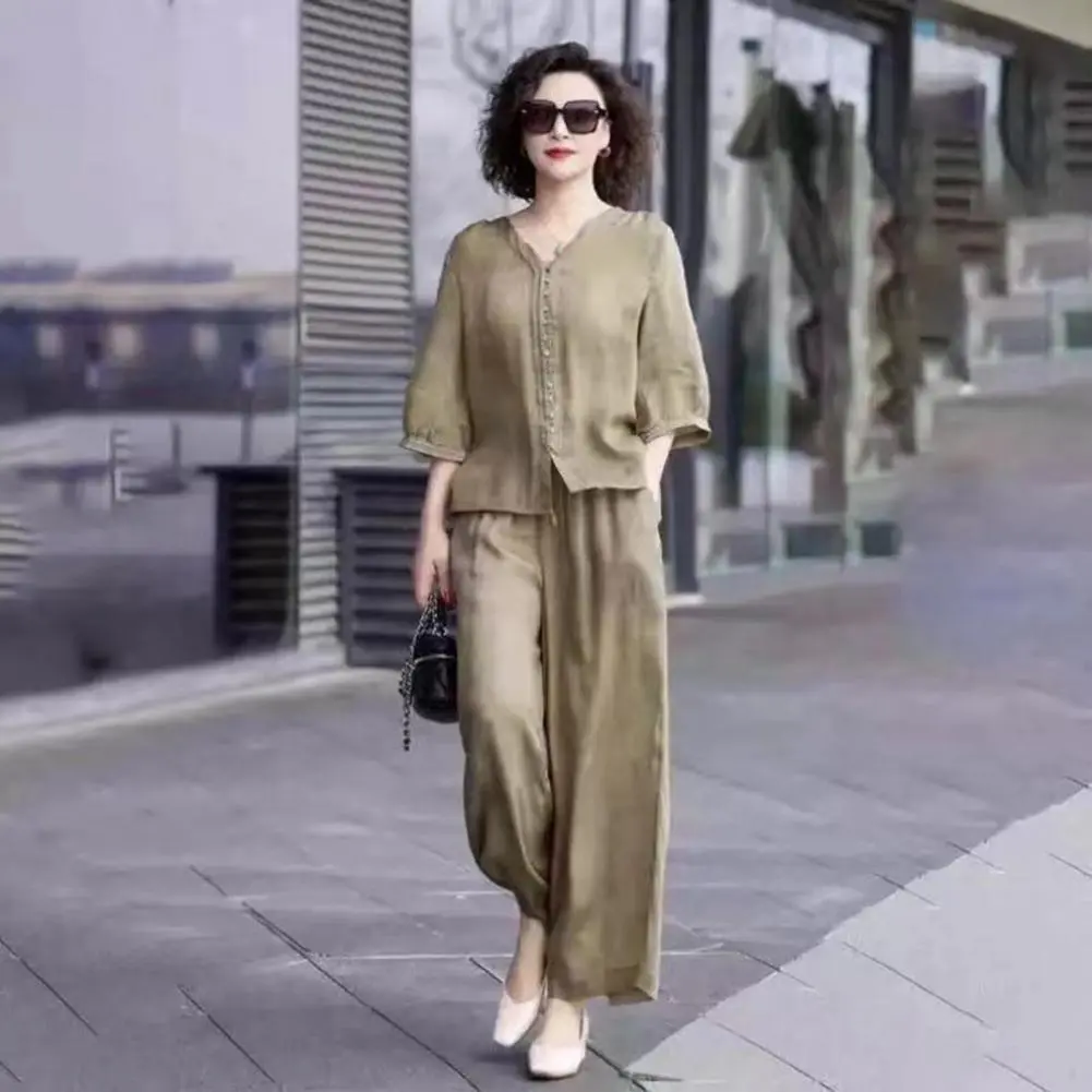 Casual 2 Piece Outfit for Women 3/4 Sleeve Button Down Shirt Wide Leg Pants Set Summer Lounge Streetwear Stylish Women Suit