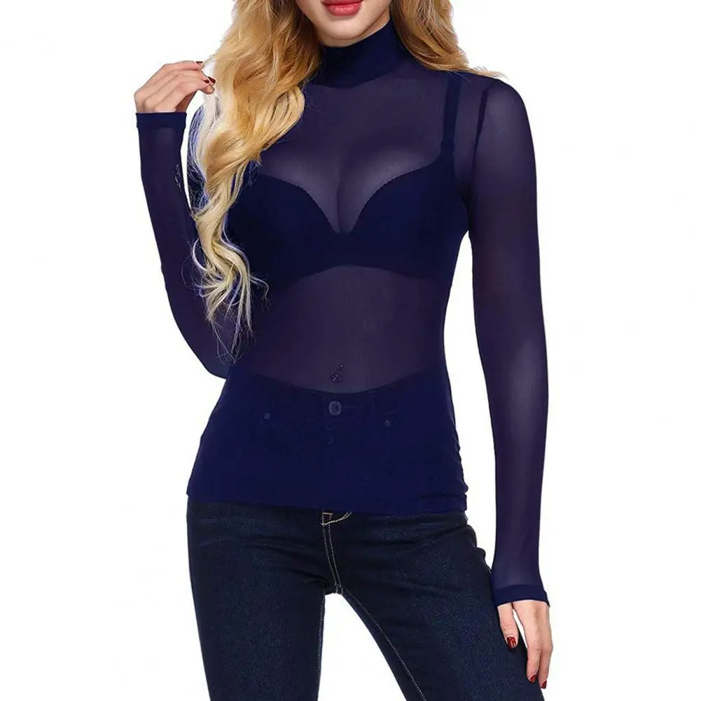Sexy Skinny See-through Mesh T-shirt O-Neck Long Sleeve Transparent Punk Club Tee Shirt Regular Fit Fishnet Mesh Women Blouse