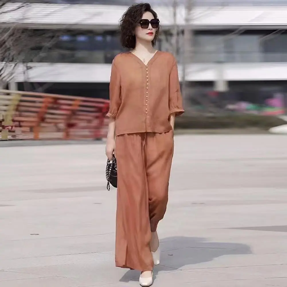 Casual 2 Piece Outfit for Women 3/4 Sleeve Button Down Shirt Wide Leg Pants Set Summer Lounge Streetwear Stylish Women Suit