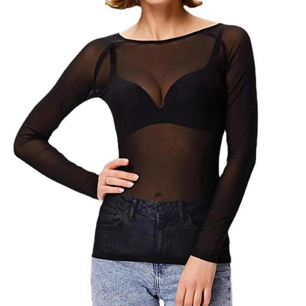Sexy Skinny See-through Mesh T-shirt O-Neck Long Sleeve Transparent Punk Club Tee Shirt Regular Fit Fishnet Mesh Women Blouse