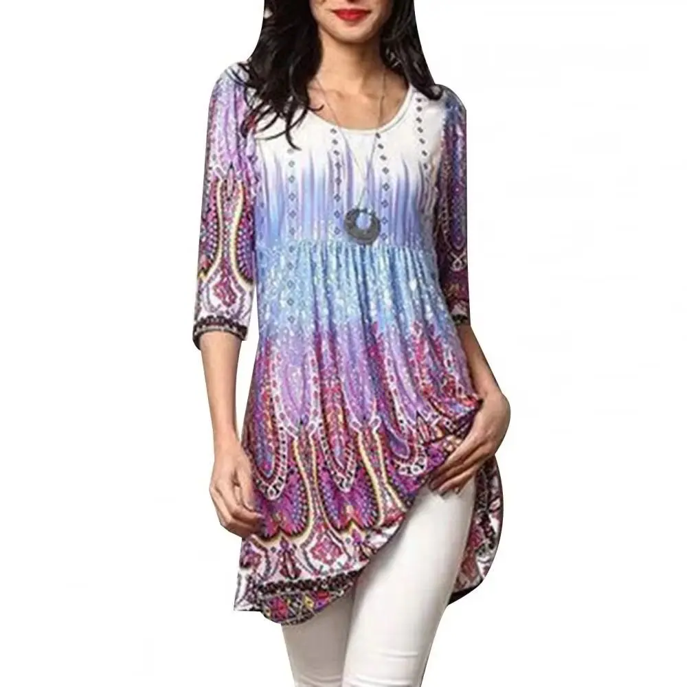 Fashion Women Digital Print Long Blouse Mini Dress Large Hem 3/4 Sleeve T-shirt 2025 Spring Summer Thin Style Women Blouse Top