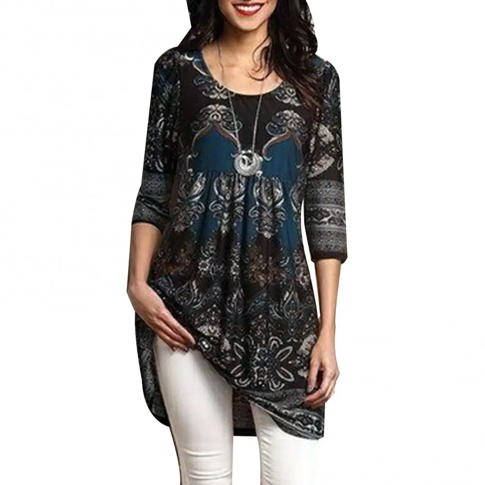 Fashion Women Digital Print Long Blouse Mini Dress Large Hem 3/4 Sleeve T-shirt 2025 Spring Summer Thin Style Women Blouse Top