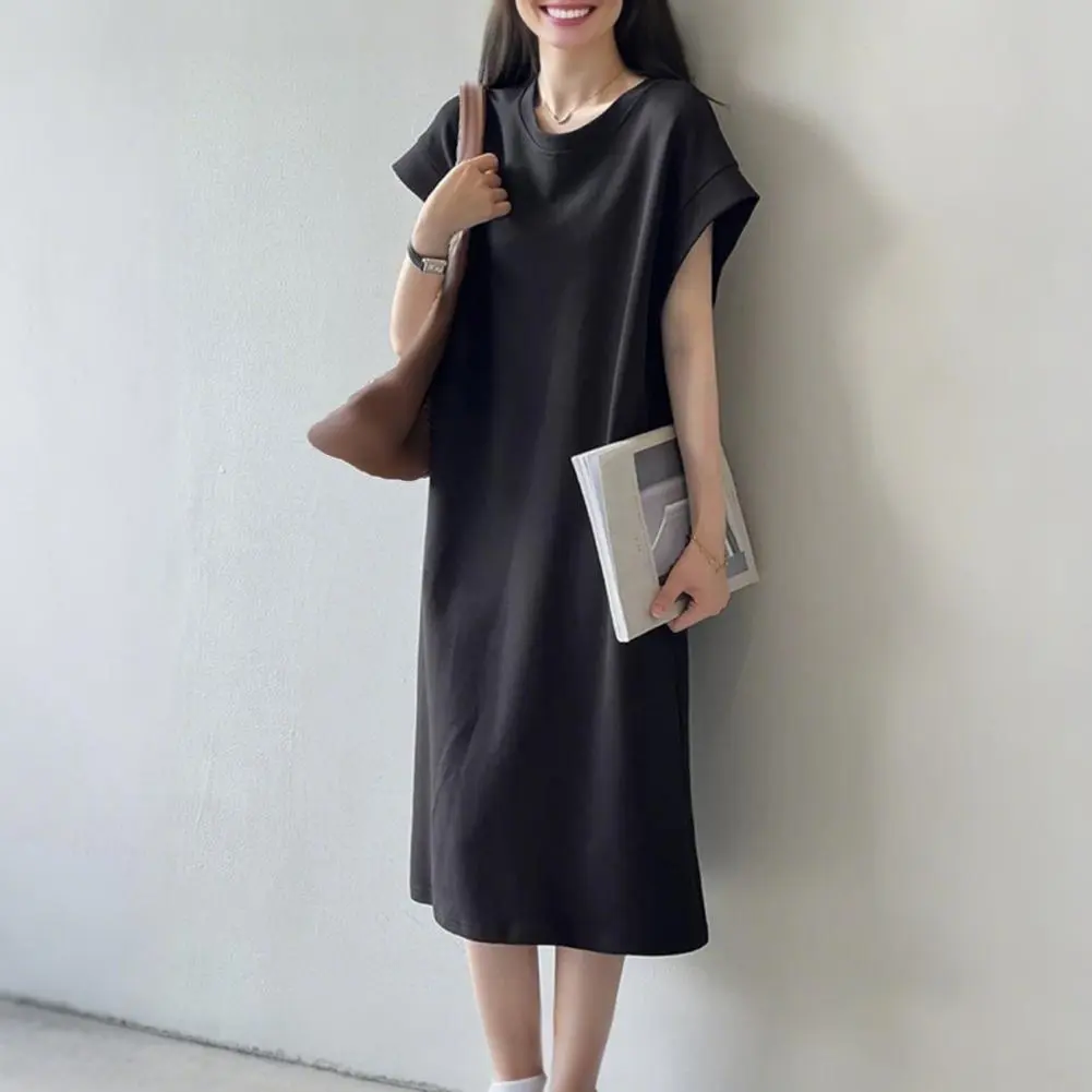 2025 New Women T-shirt Dress Round Neck Short Sleeve Loose Fit Casual Dress Solid Color Design Summer Dress Daily Wear