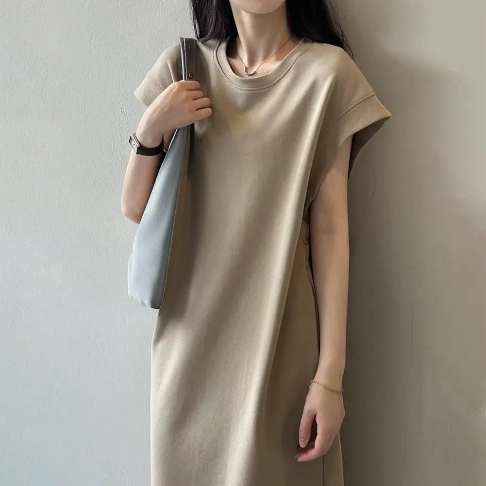 2025 New Women T-shirt Dress Round Neck Short Sleeve Loose Fit Casual Dress Solid Color Design Summer Dress Daily Wear