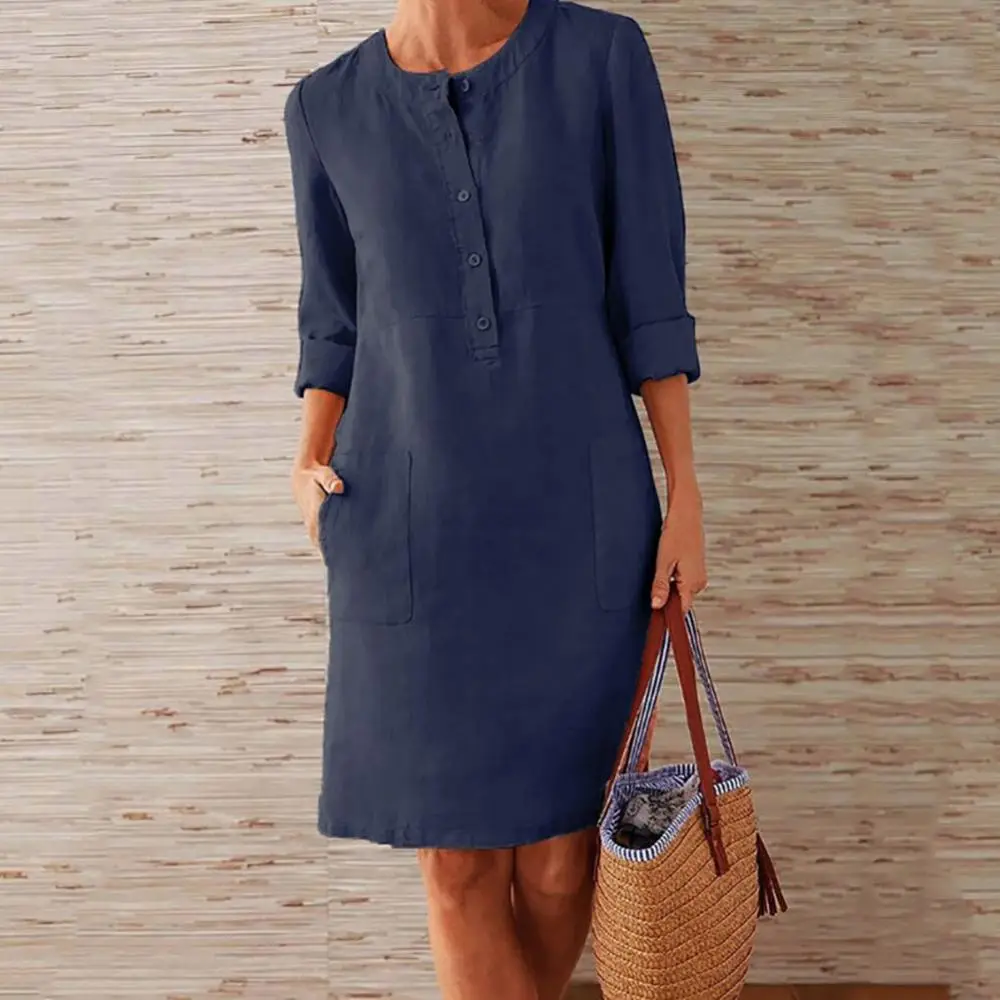2025 Cotton And Linen Women Dres Casual Long Sleeve Buttons Pockets Linen Loose Knee-length Dress Bohemian style Midi dress