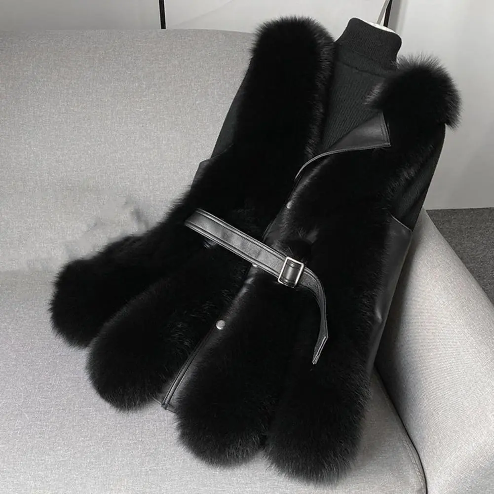 Fluffy Faux Fur Women Vest Sleeveless Button Closure Belt Decor Plush Fuax Fox Fur Elegat Women Winter Waistcoat Fur Waistcoat